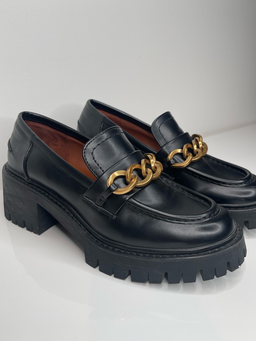 Zara Black Leather Loafers with Gold Chain Detail Lug Soles